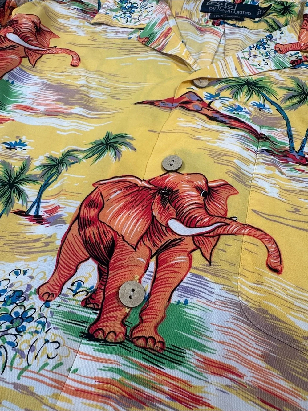 POLO Ralph Lauren Caldwell 100% Viscose Hawaiian Shirt Medium Yellow Elephant